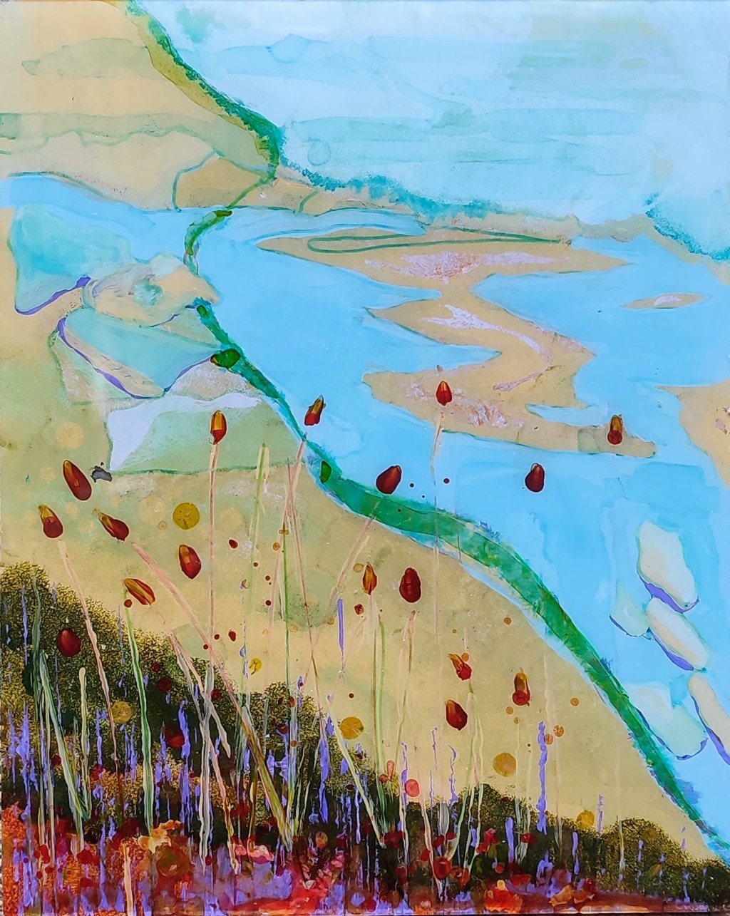 Reverse glass painting of coastline and grasses, created with acrylic on glass