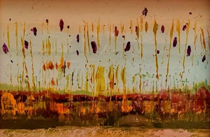 Reverse glass painting of a wetland landscape with autumn colours, created with acrylic on glass