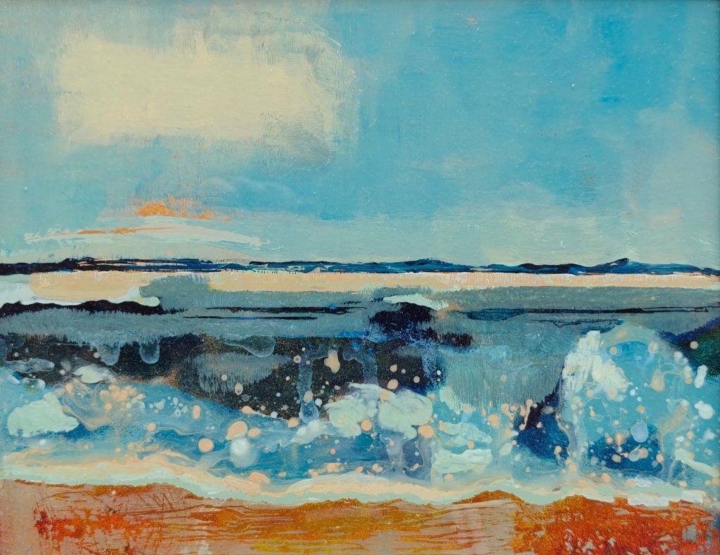Reverse glass painting of sea, sand and sky, created with acrylic on glass