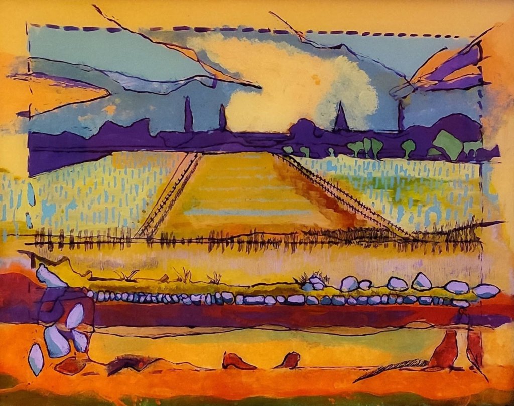 Reverse glass painting of fields across the vale of York, bright colours, acrylic on glass