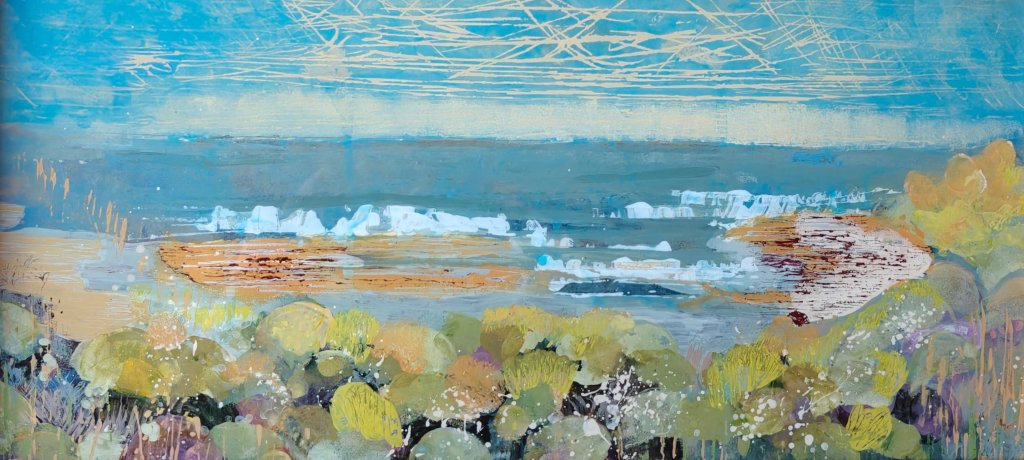 Reverse glass painting of seascape from the Cleveland Way, created with acrylic on glass