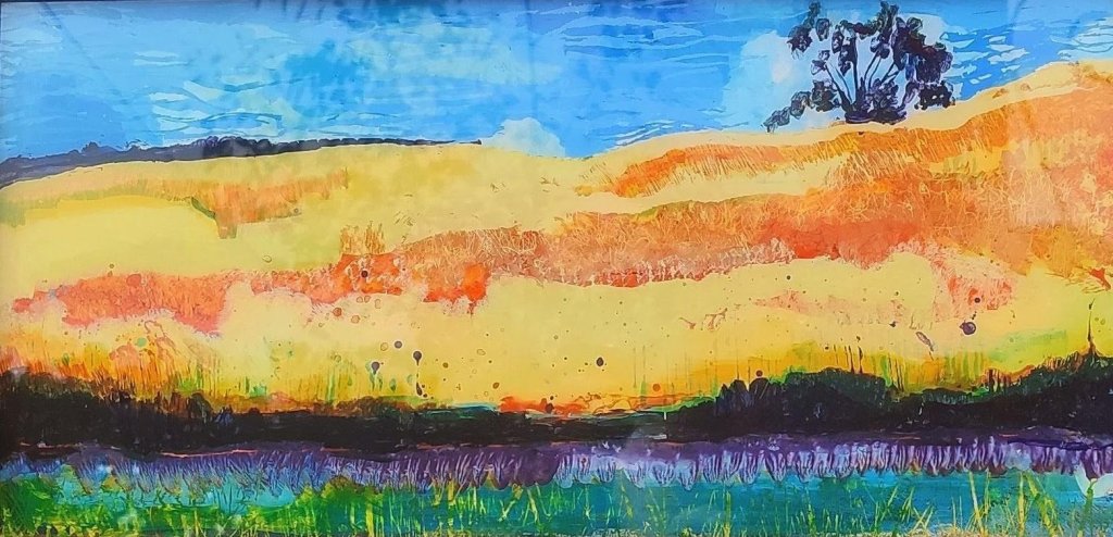 Reverse glass painting of a a blistering hot day of a field near Burneside, Windermere, acrylic on glass