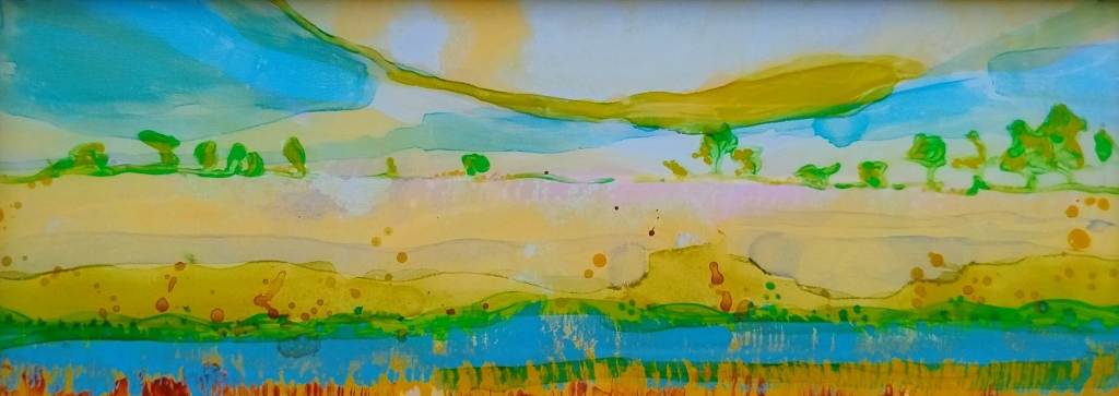 Reverse glass painting of a landscape of late sun across Derwentwater, created with acrylic on glass