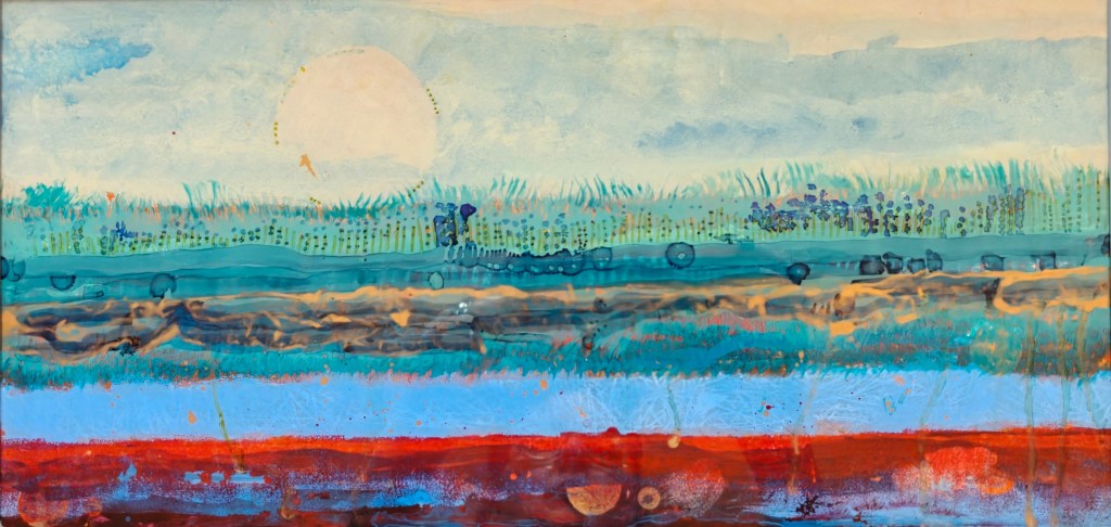 Reverse glass painting of abstract dreamy landscape in blues and reds, acrylic on glass