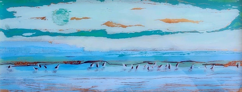 Reverse glass painting of seagulls on a beach, created with acrylic on glass