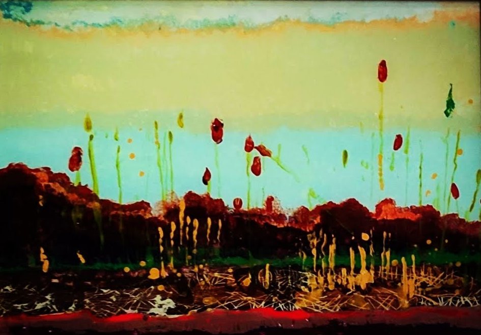 Reverse glass painting of sedge and bullrushes under a sepia tinted sky, acrylic on glass