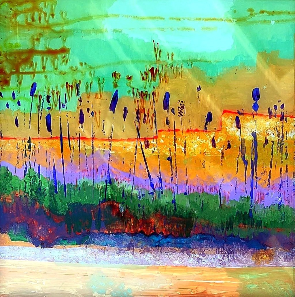  Reverse glass painting of wetland grasses with bold colours, created with acrylic on glass