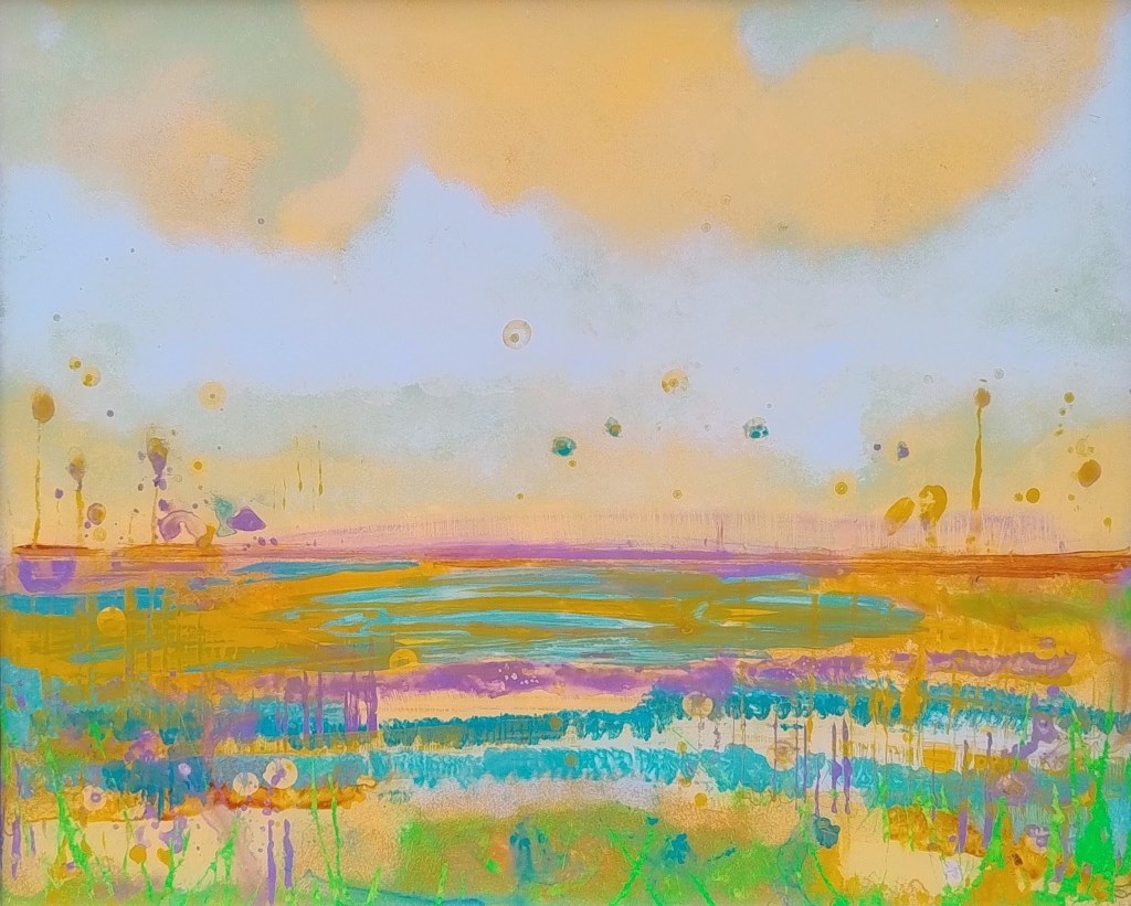 Reverse glass painting of a flat fenland landscape, created with acrylic and ink on glass