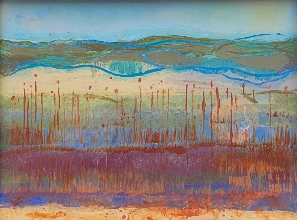 Reverse glass painting of a autumnal grass and blue sky viewed in Pannal, created with acrylic on glass