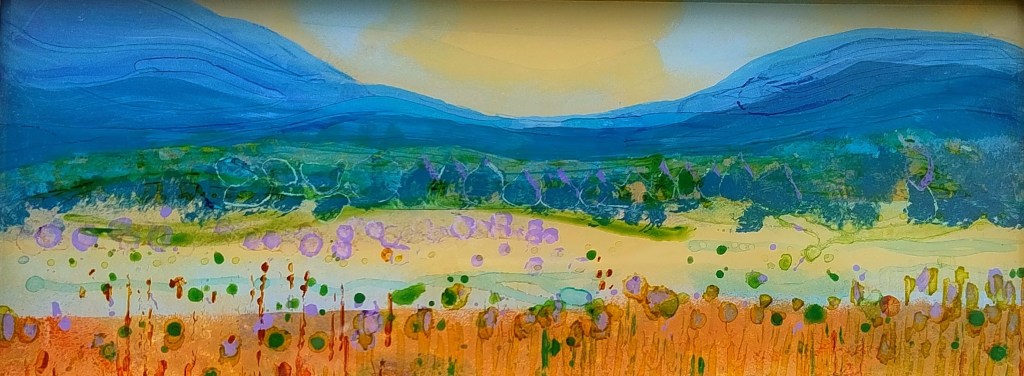 Reverse glass painting of a hot summer day across wetlands towards Derwentwater, created with acrylic on glass