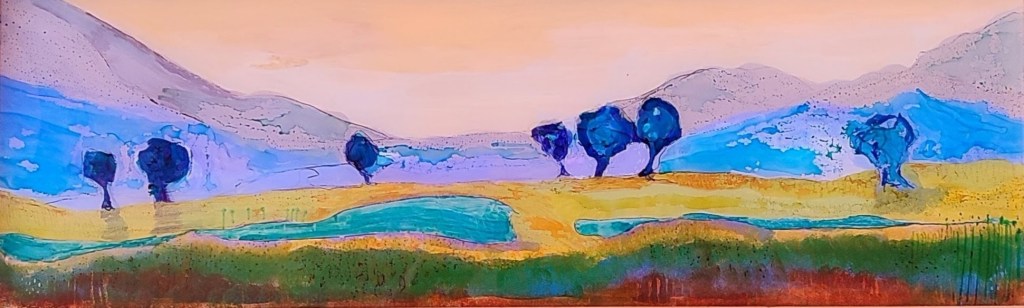 Reverse glass painting of wetlands viewed from Borrowdale towards Derwentwater, created with acrylic and ink on glass