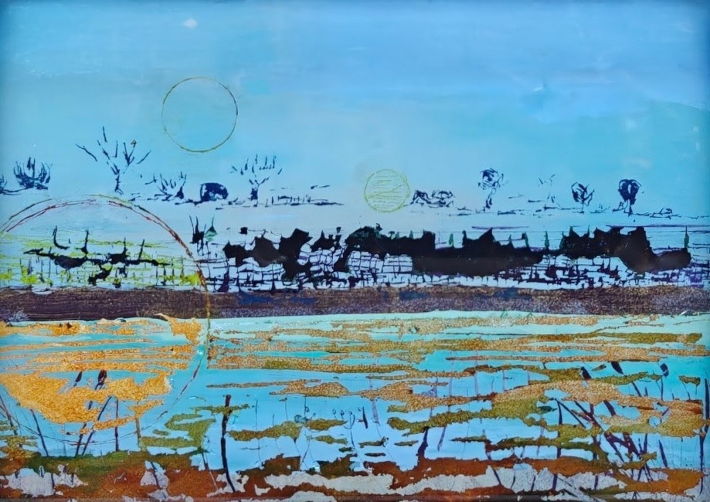 Reverse glass painting of a snow covered field in winter, acrylic on glass