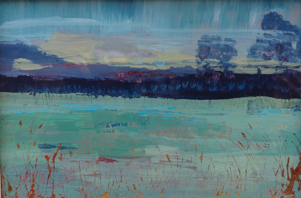 Reverse glass painting, field in Wharfedale, acrylic on glass