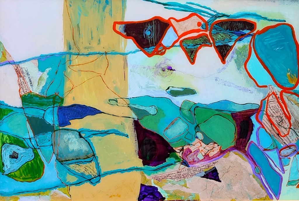 Reverse glass painting, abstract inspired by rock formations, created with acrylic and paper on glass