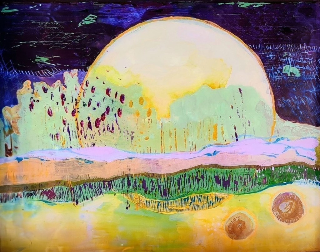 Reverse glass painting of moonlit landscape, created with acrylic on glass